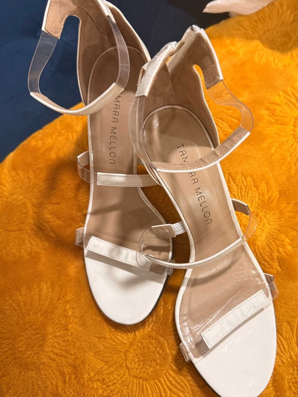 Tamara Mellon White & Clear Strappy Ankle Sandals